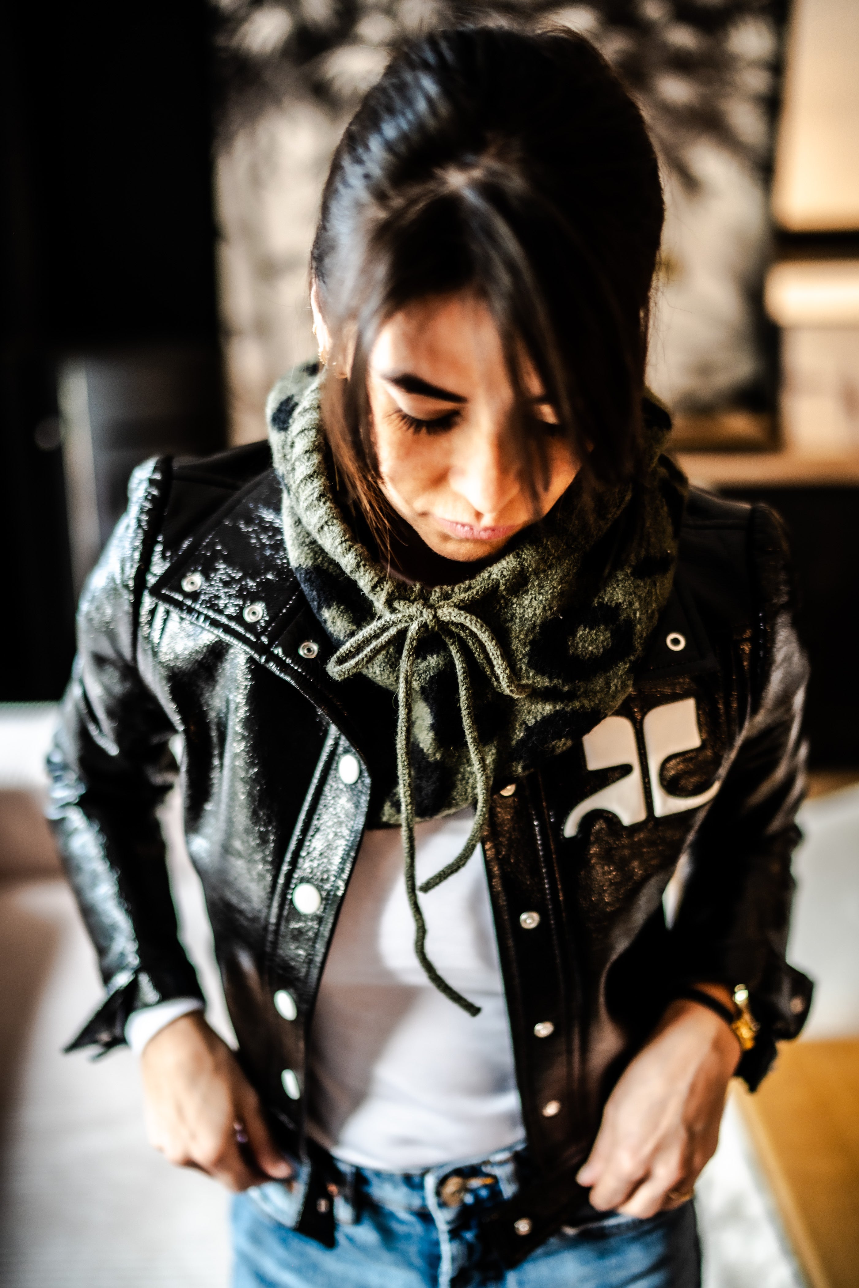 Cagoule en laine léopard kaki